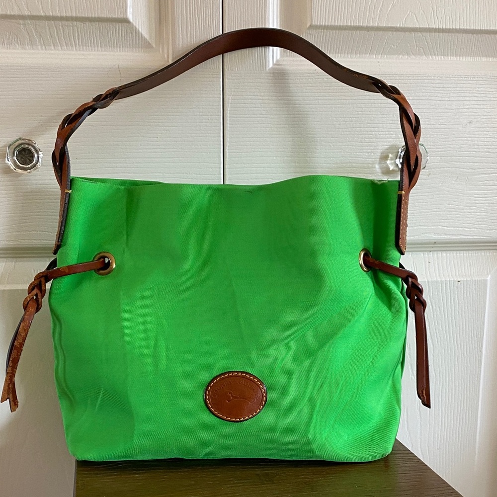 Dooney & Bourke Bright Green Canvas Shoulder Bag with Brown Leather Trim *As Is*